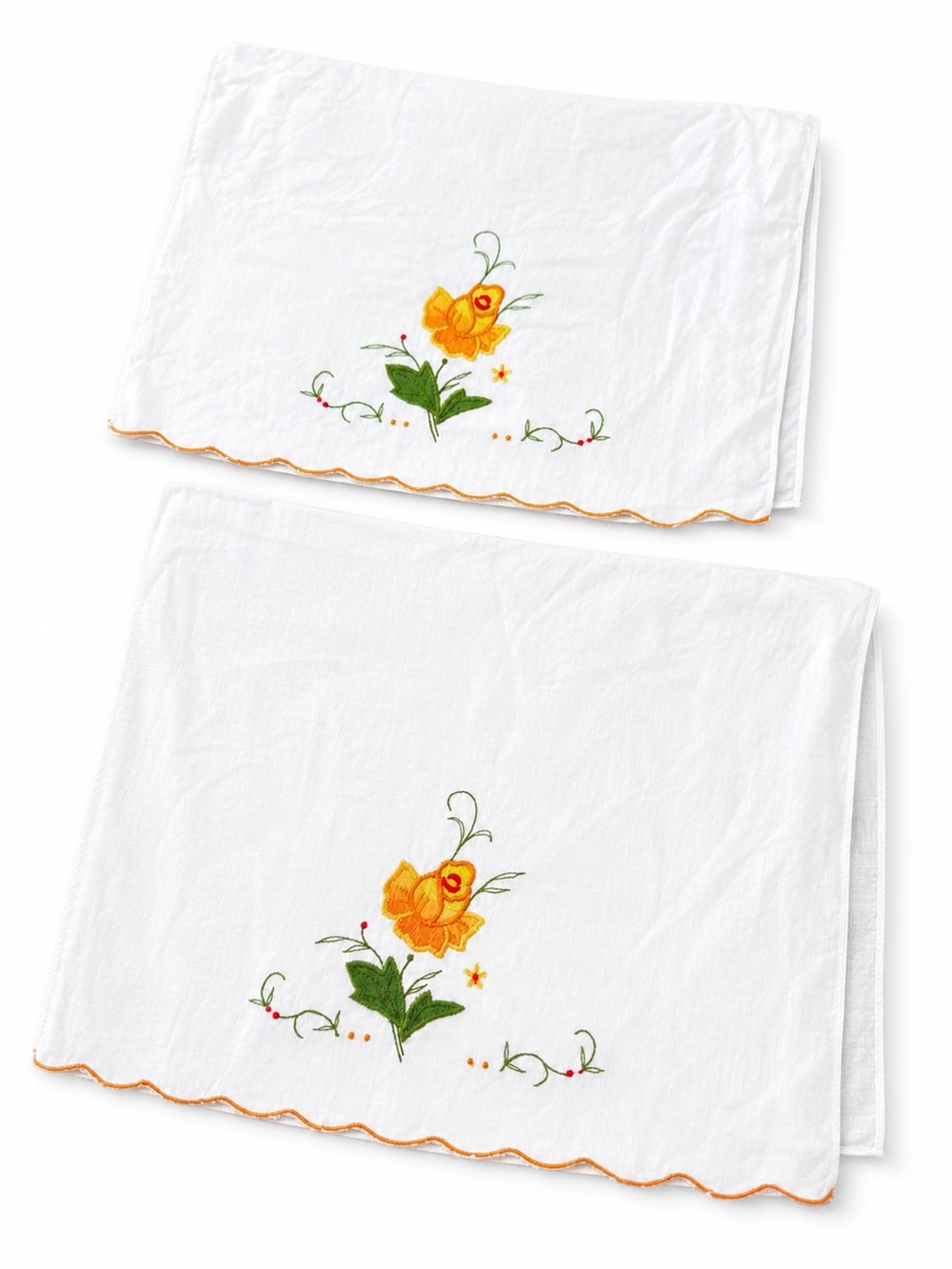 Vintage White Embroidered Orange Rose Floral Napkins Scalloped Edge Set of 2